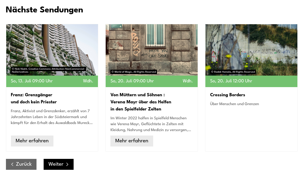 Kommende Sendungen einer Freirad Sendereihe. Insgesamt 3 Sendungen, jeweils mit einem Bild, Beschreibungstext, Sendetermin und Link zu weiteren Informationen. Zu jedem Bild gibt es Lizenzangaben. Unterhalb der Liste finden sich Vor- und Zurück-Buttons für die Navigation.